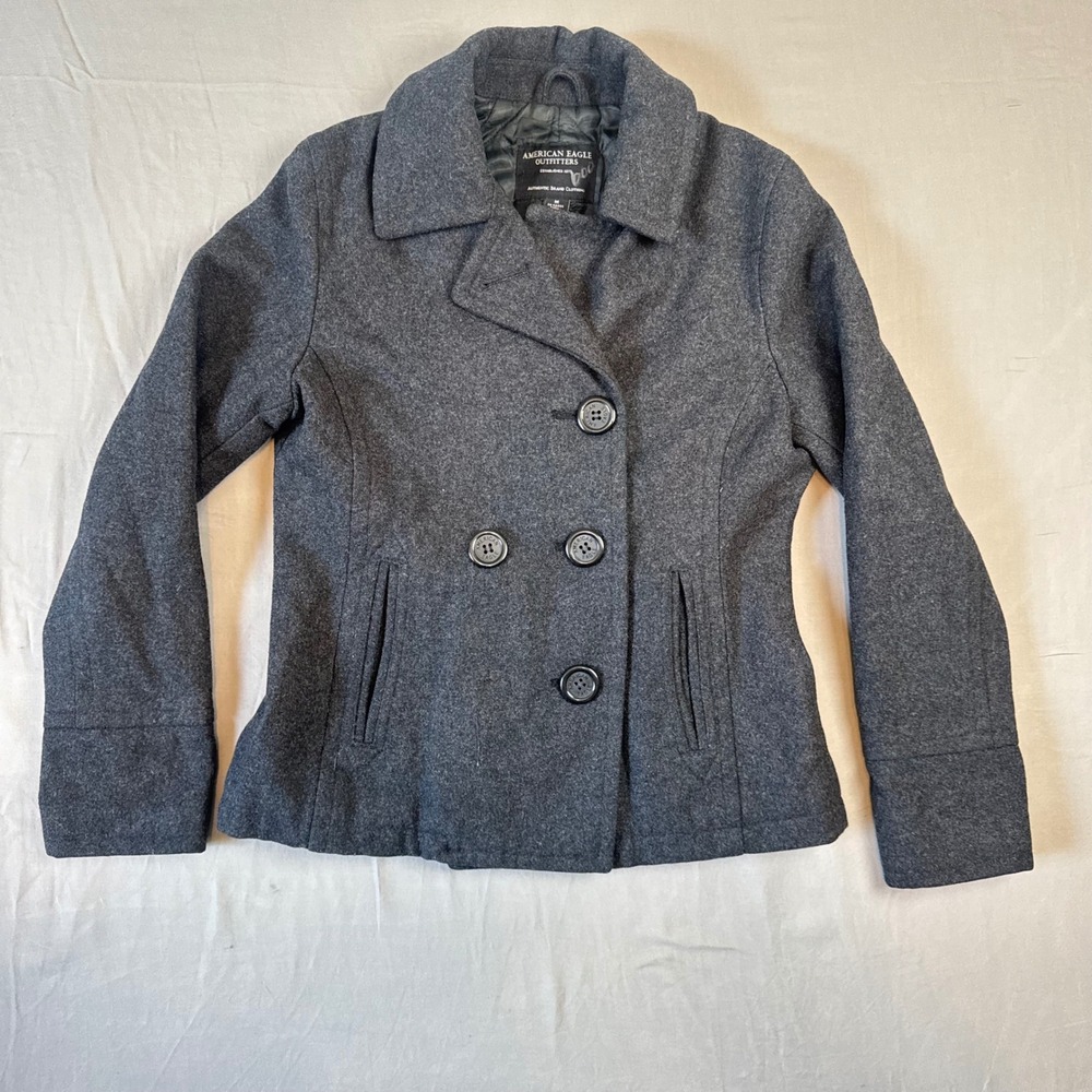 American Eagle Women Gray Wool Blend Double Breasted Peacoat Jacket Size M